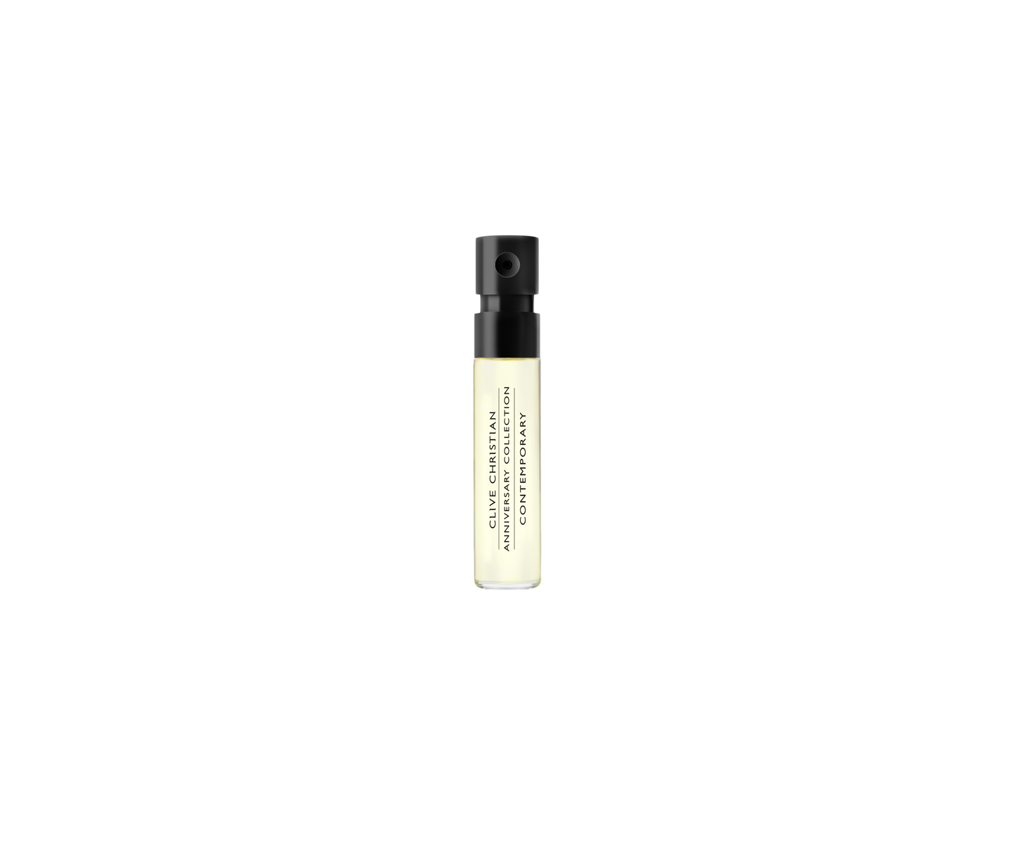 A single glass vial of Clive Christian Anniversary Collection: Contemporary perfume stands against a white background.