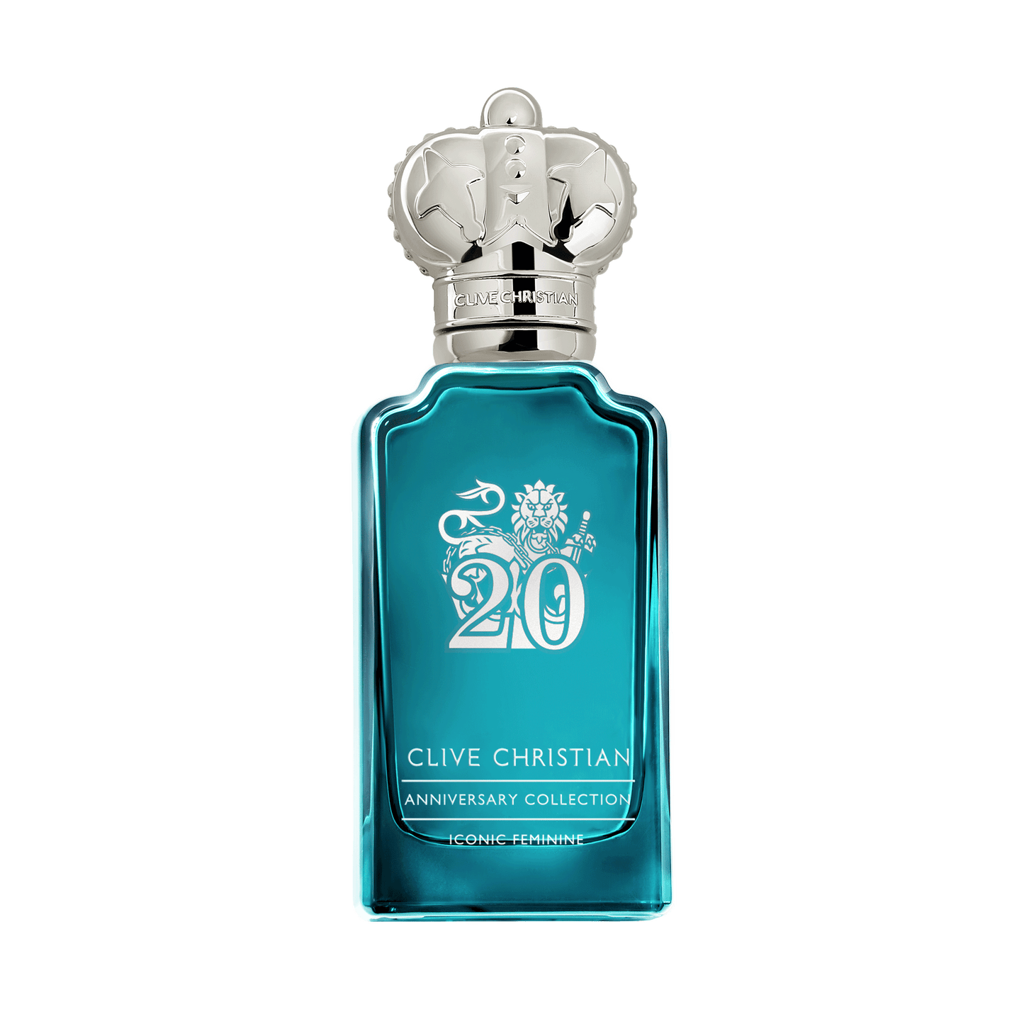 Clive Christian Anniversary Collection Iconic Feminine perfume bottle in turquoise blue with silver crown cap.