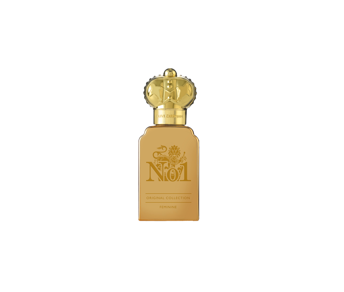 Gold bottle of Clive Christian No. 1 Feminine perfume with ornate gold cap.