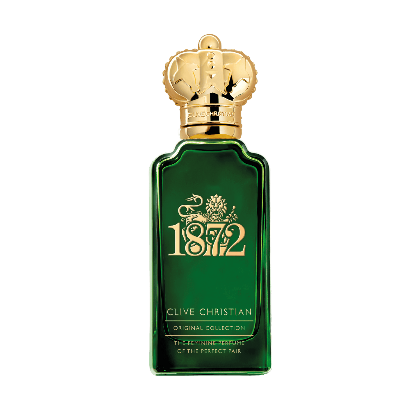 Emerald green Clive Christian 1872 perfume bottle with gold accents and crown stopper. This is the feminine fragrance of the original collection.