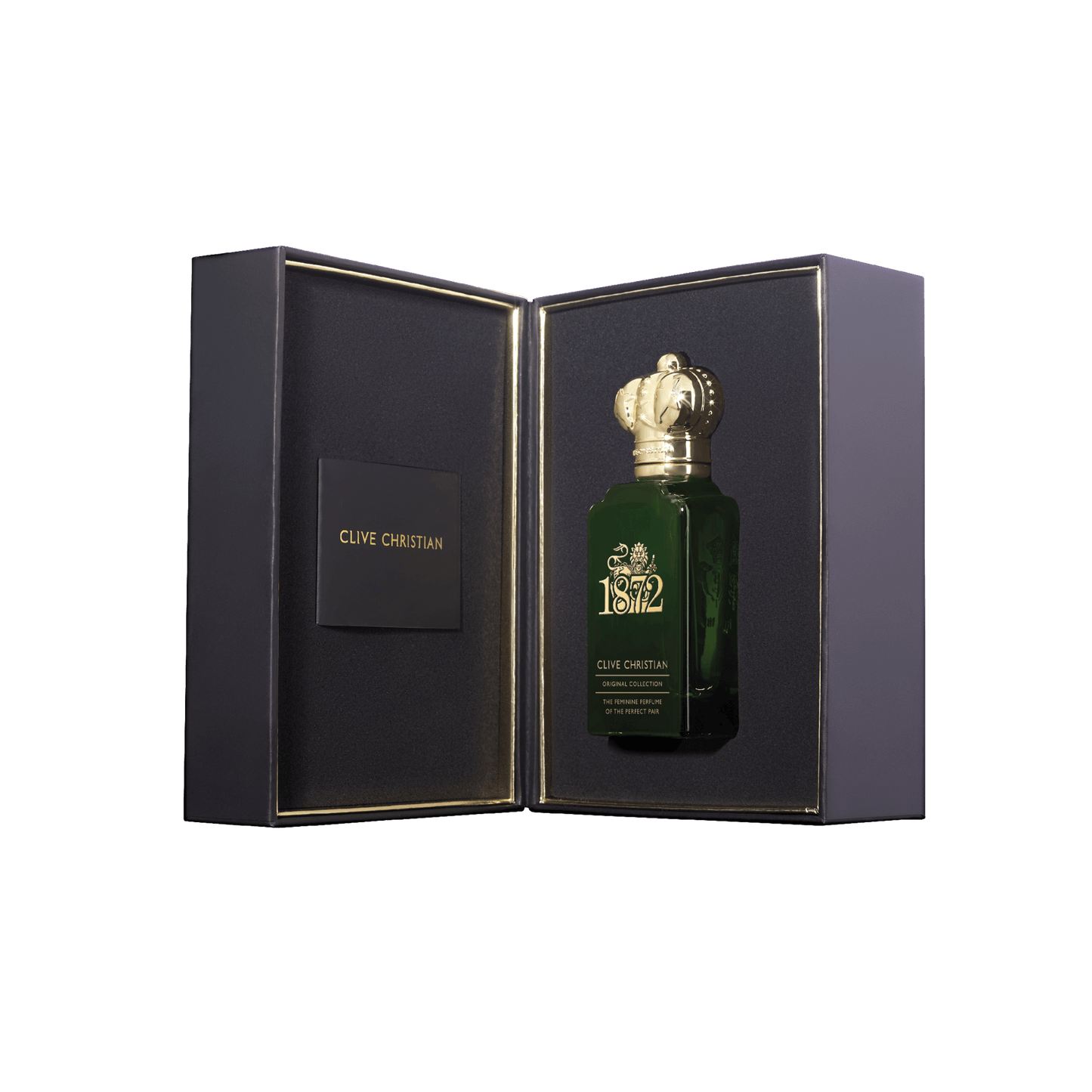 Open box reveals Clive Christian 1872 Original Collection feminine perfume bottle with gold accents against a black background.