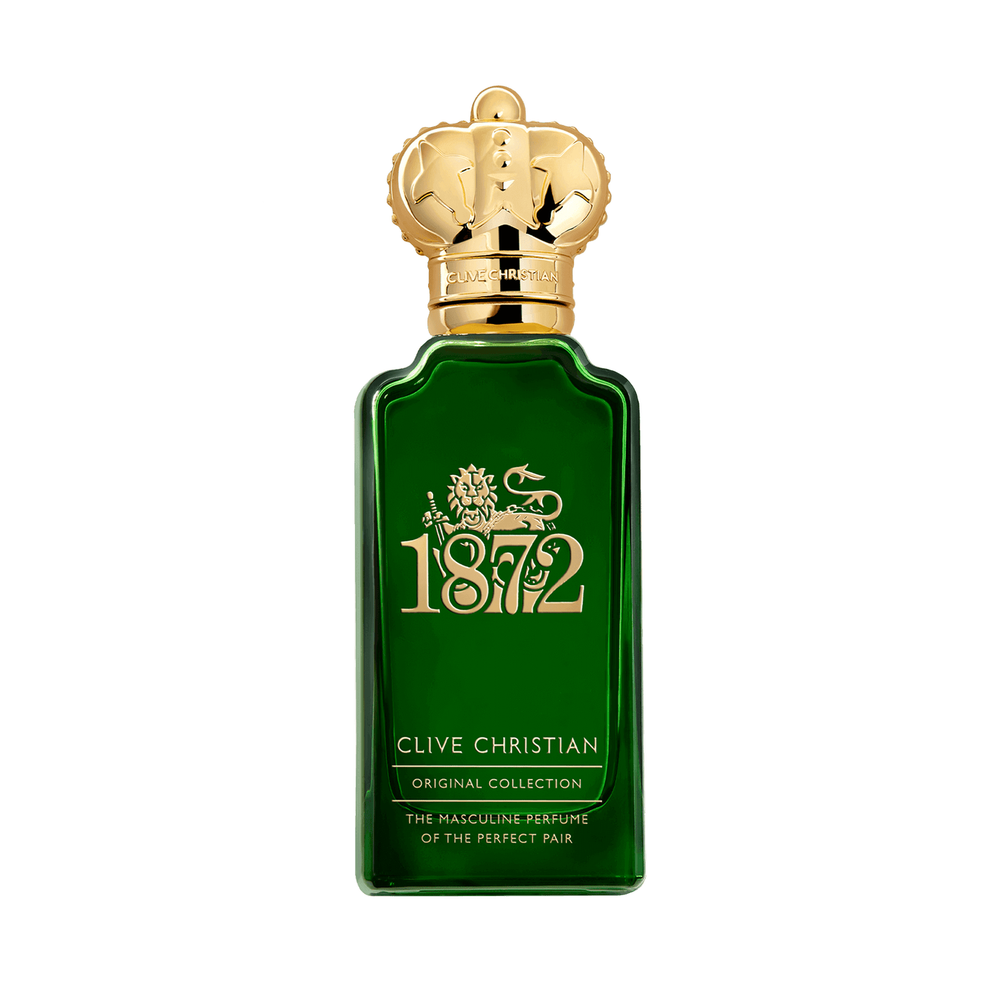 Emerald green Clive Christian 1872 perfume bottle with gold accents and crown cap, labeled "The Masculine Perfume of the Perfect Pair."
