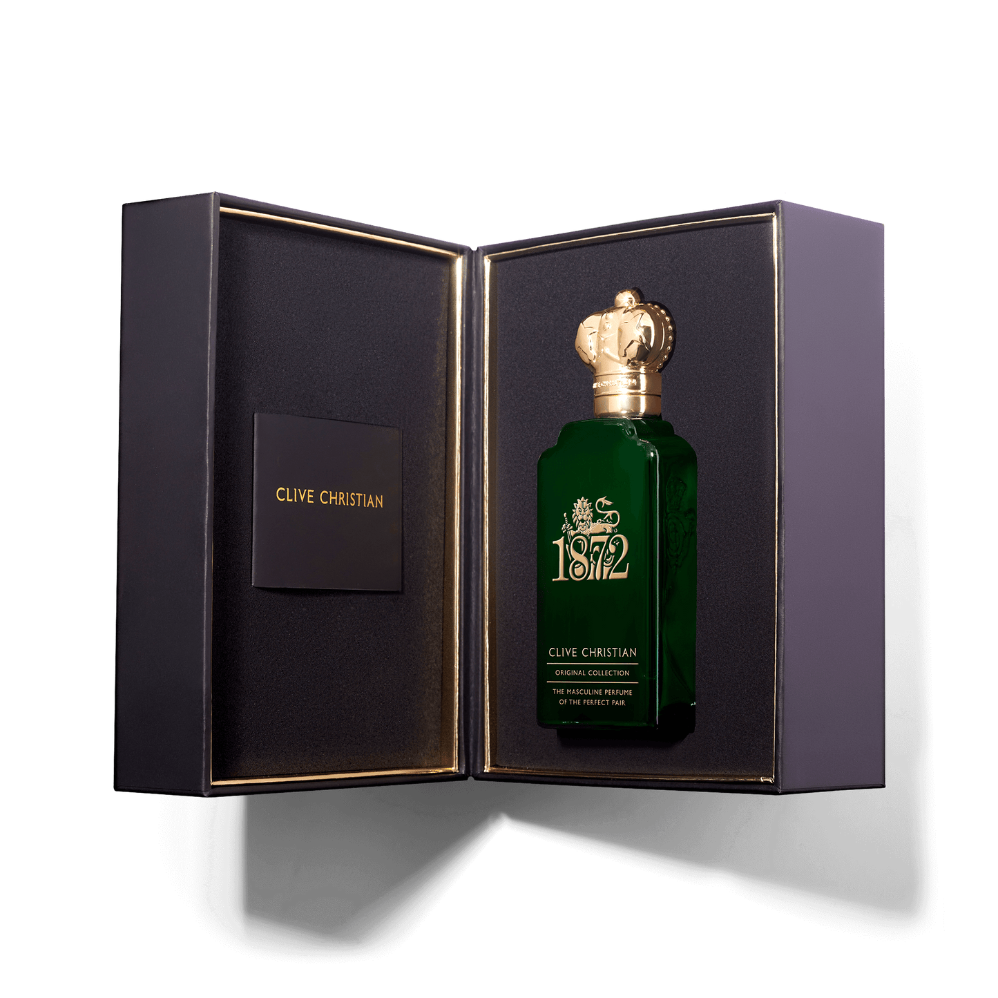 Open presentation box reveals a green bottle of Clive Christian 1872 masculine perfume.