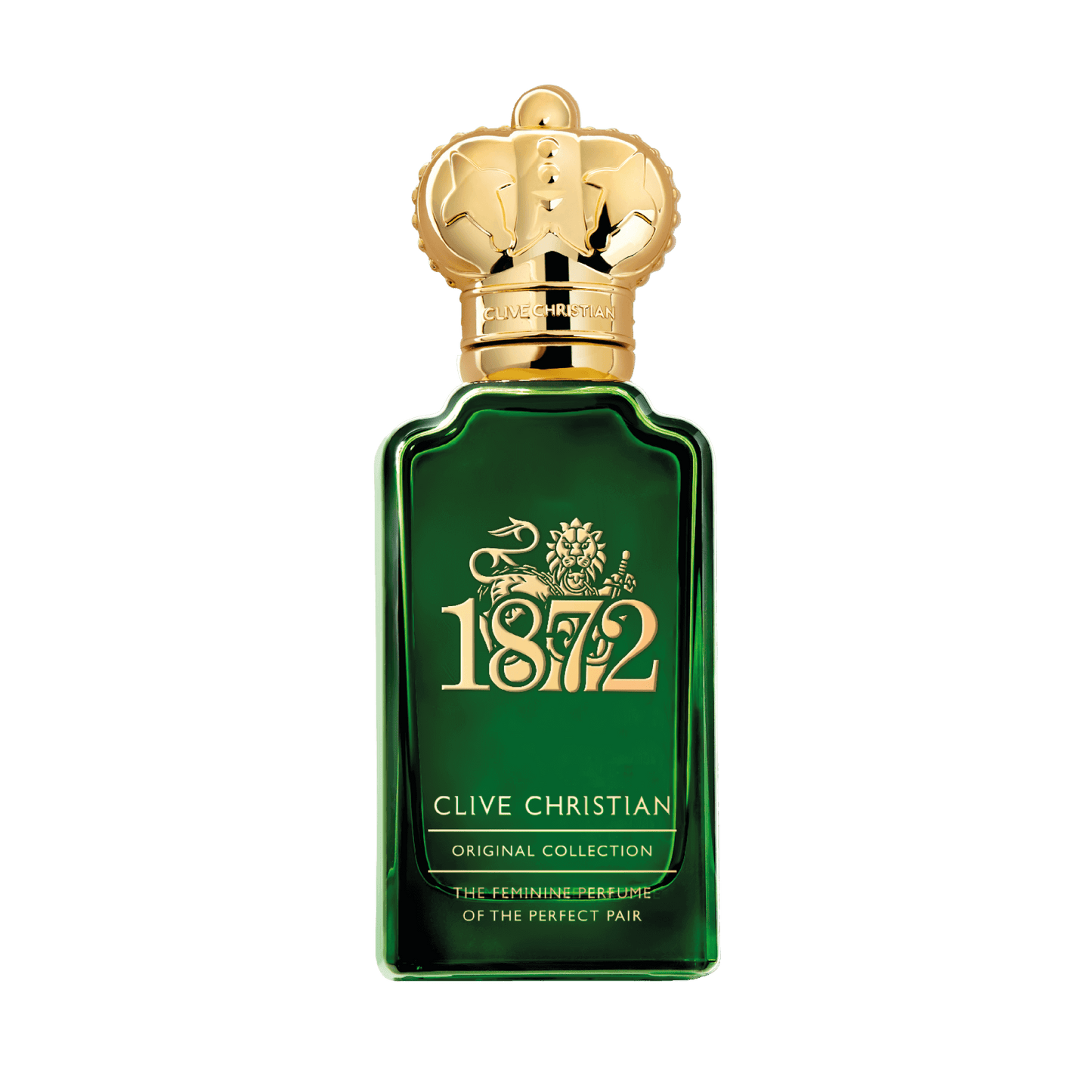 Emerald green Clive Christian 1872 perfume bottle, featuring a gold crown cap and the inscription "The Feminine Perfume of the Perfect Pair."
