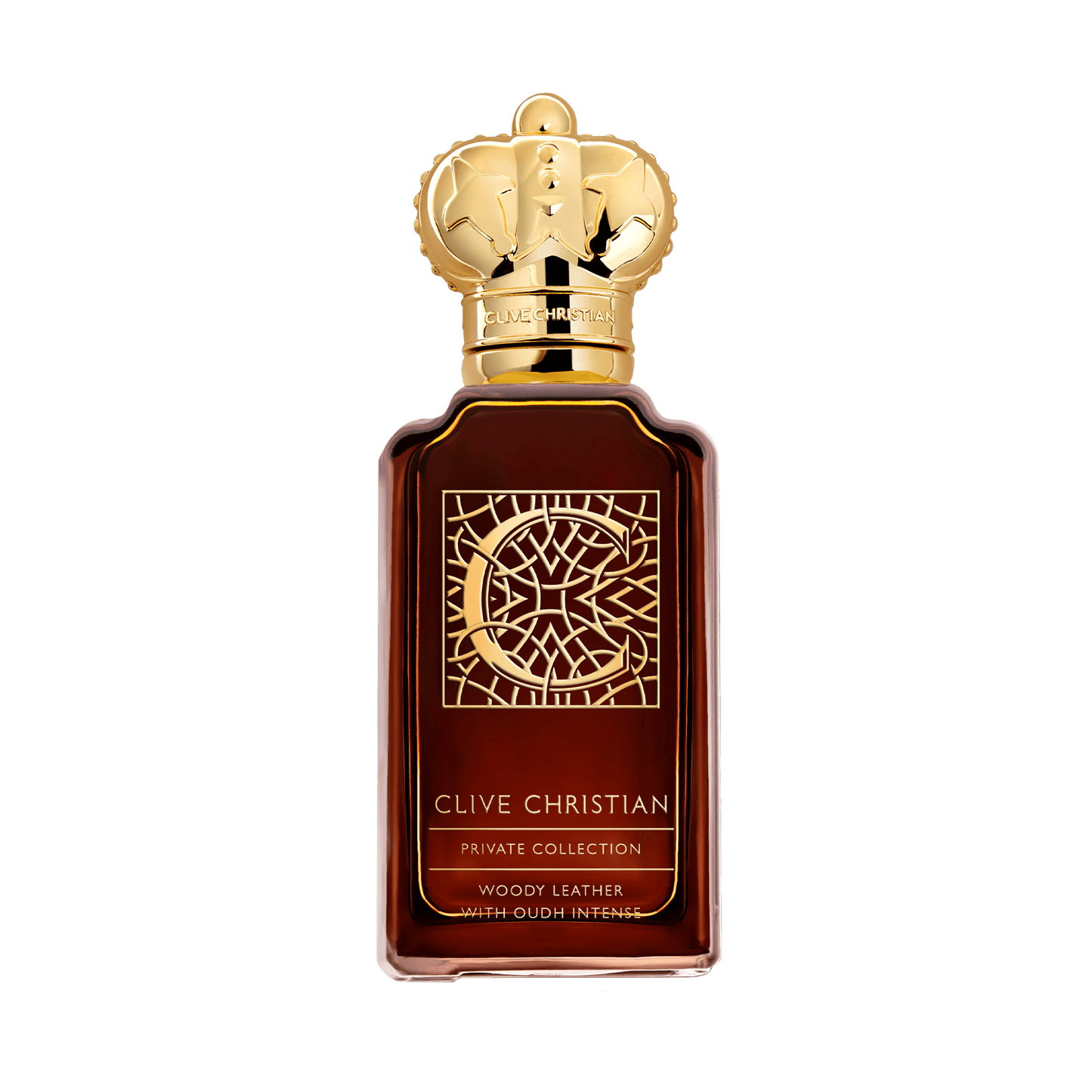 Clive Christian Private Collection Woody Leather and Oud Intense perfume bottle with gold accents.