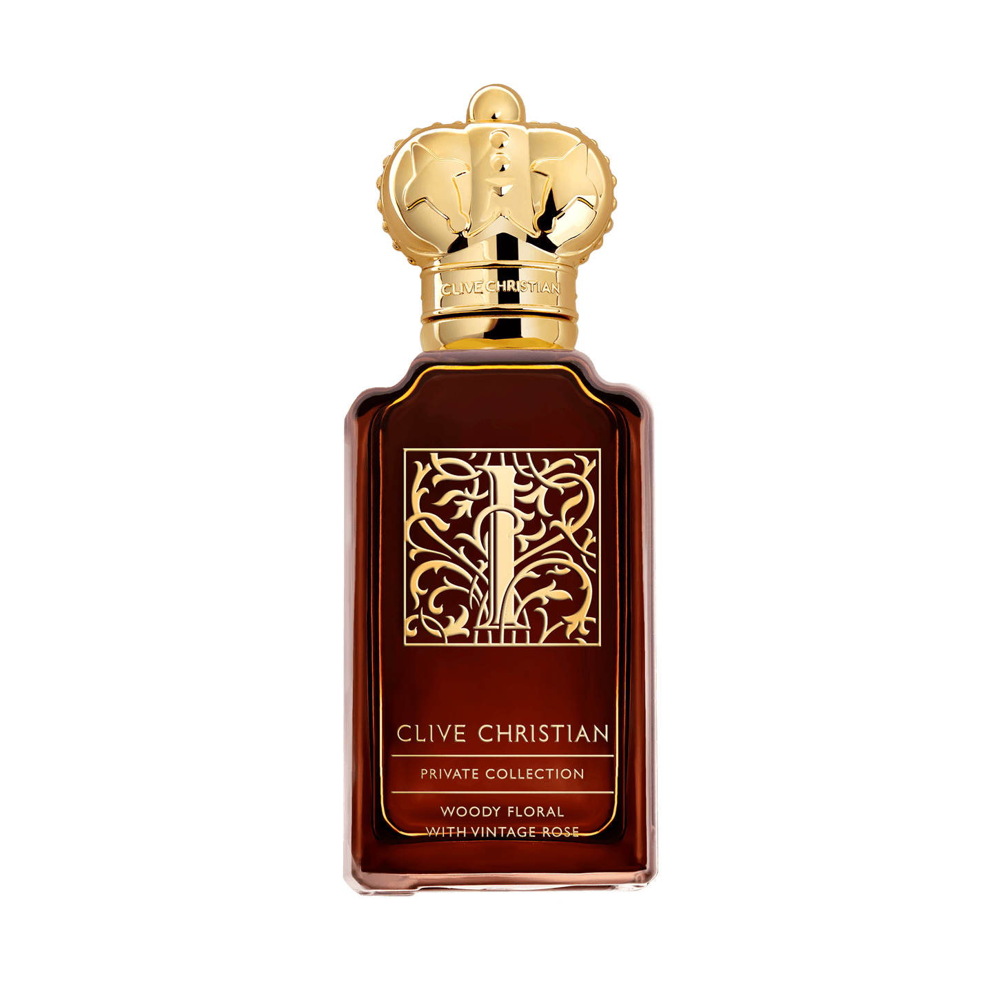 Clive Christian Private Collection Woody Floral with Vintage Rose perfume bottle displays an ornate gold crown cap and intricate "I" design on amber glass.