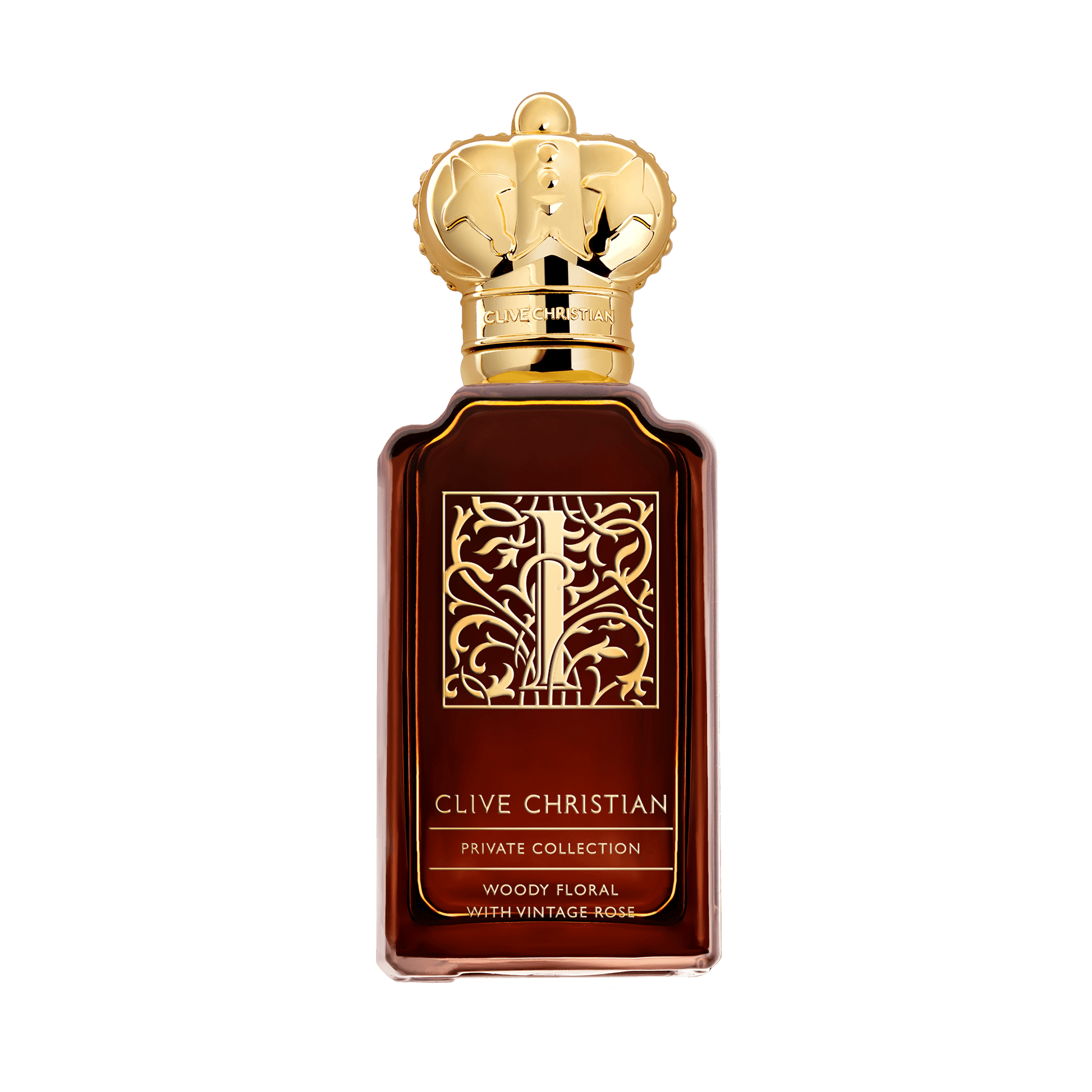 Clive Christian Private Collection Woody Floral with Vintage Rose perfume bottle displays an ornate gold crown cap and intricate "I" design on amber glass.