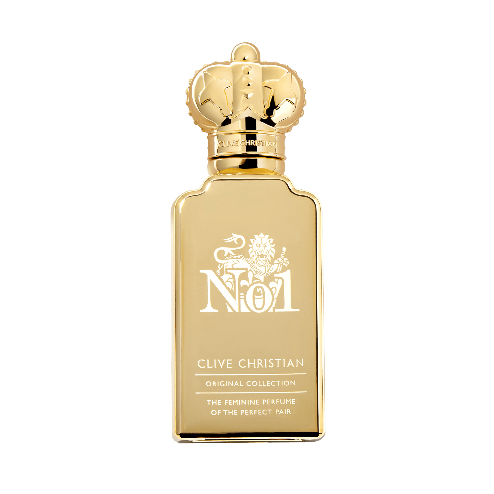 Gold bottle of Clive Christian No. 1 for women perfume with ornate gold crown cap.
