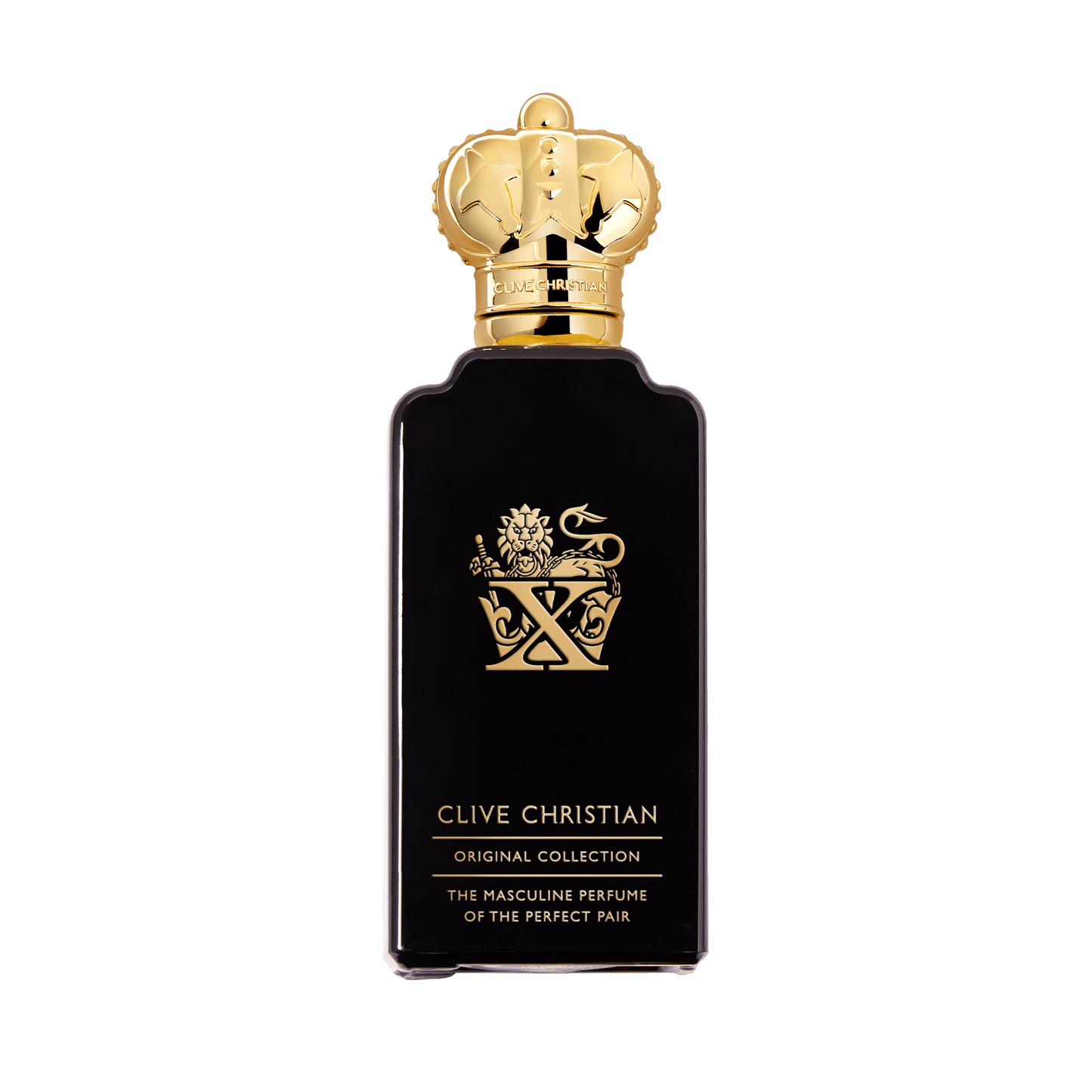 Black Clive Christian X perfume bottle with gold lion crest and crown cap.