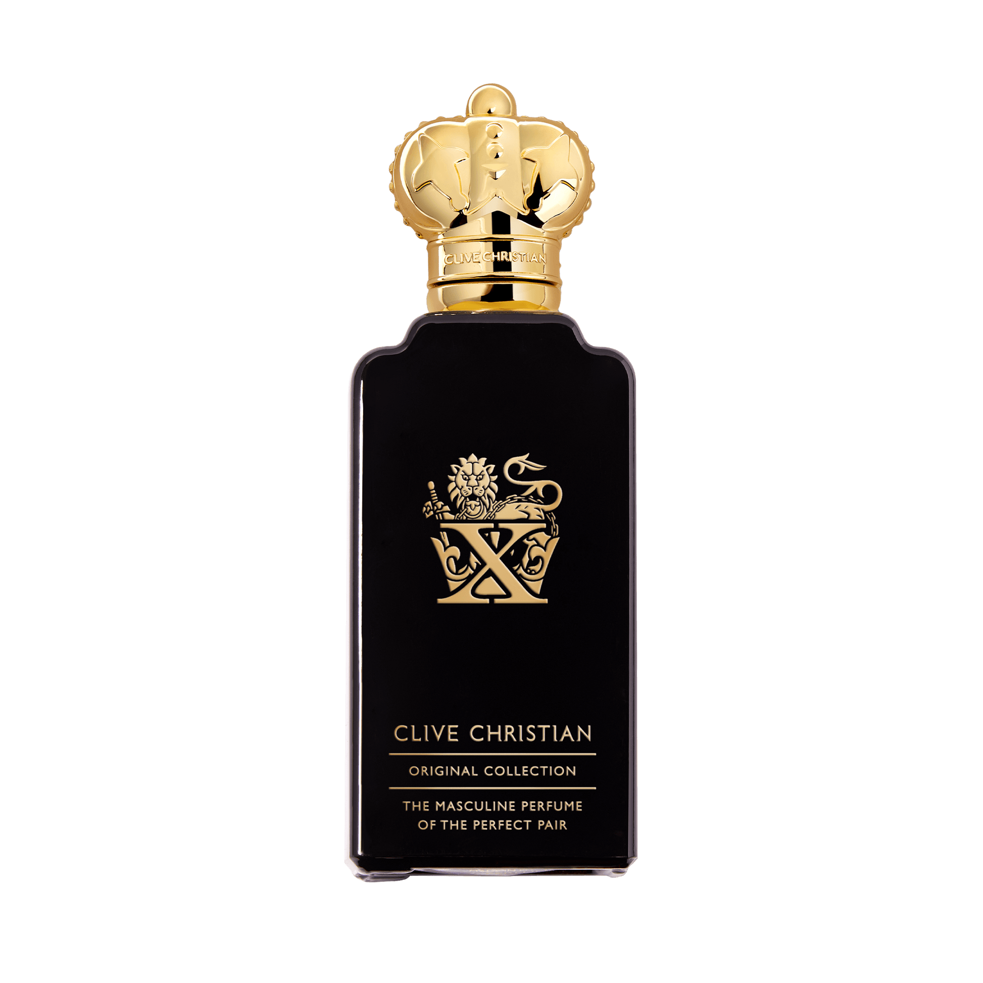 Black Clive Christian X perfume bottle with gold lion crest and crown cap.