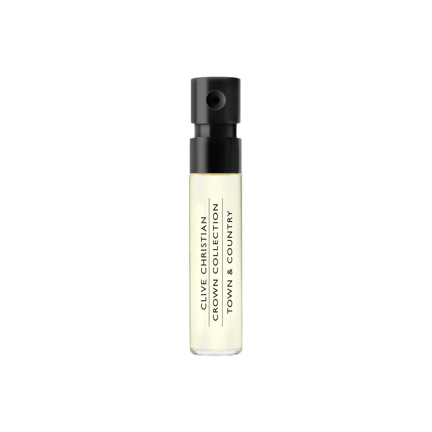 Clive Christian Crown Collection Town & Country perfume vial displays a sleek black sprayer and clear glass bottle. 
