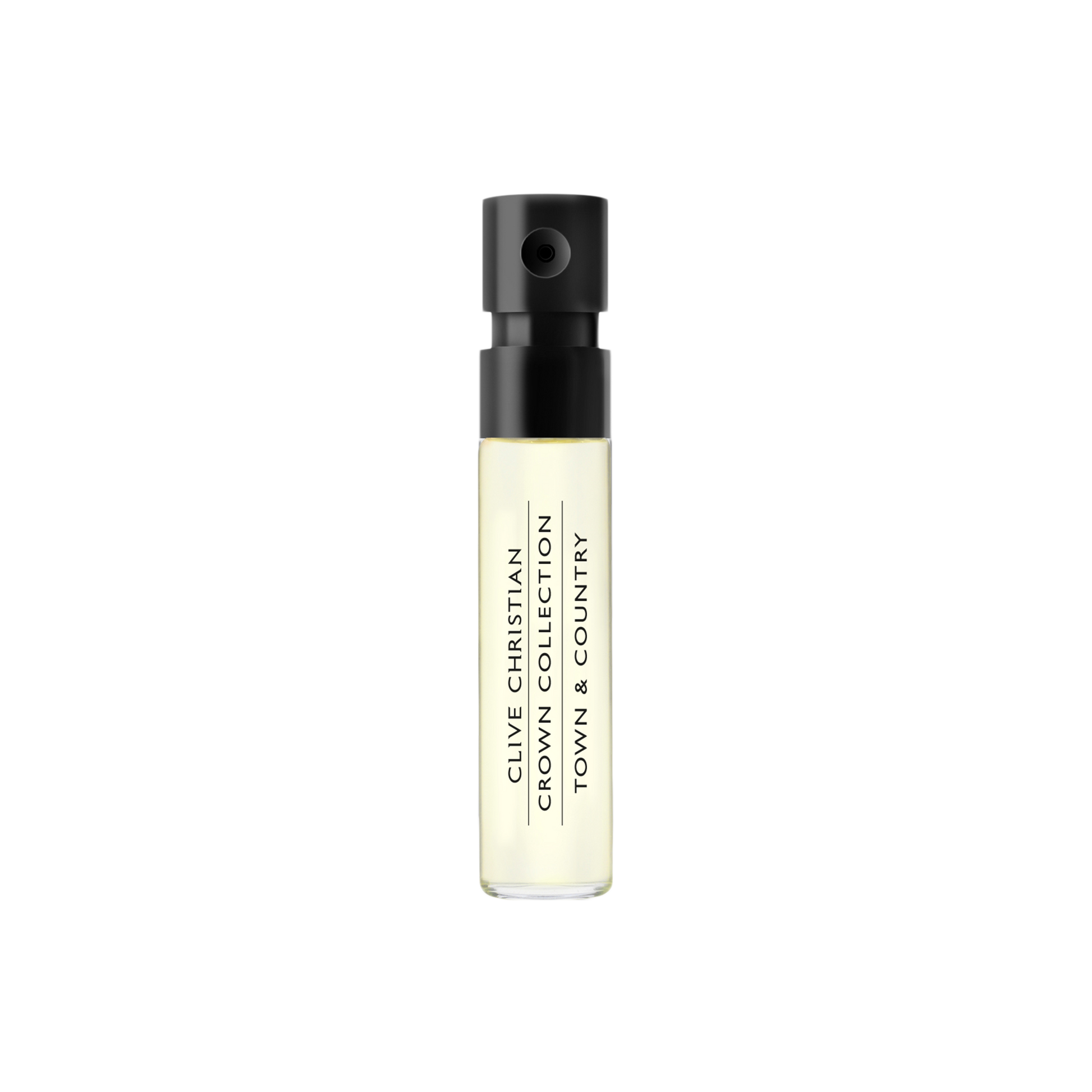 Clive Christian Crown Collection Town & Country perfume vial displays a sleek black sprayer and clear glass bottle. 
